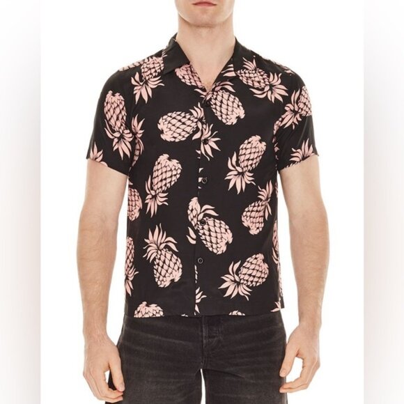 SANDRO Pineapple-print Relaxed-fit Crepe Shirt In Black xs Euc